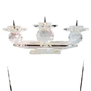 Vintage Swarovski Faceted Crystal Triple Pin Candlestick Art Deco Style Retired